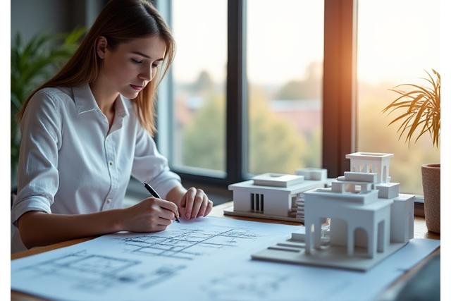 Architektin arbeitet an einem Bauplan auf einem Reißbrett