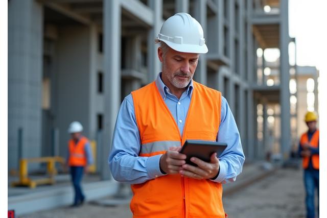Bauleiter bespricht Pläne auf einer Baustelle mit Tablet