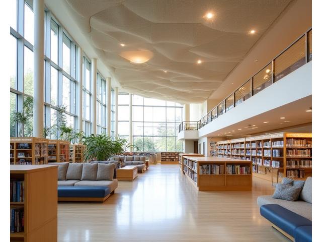 Moderne Bibliothek mit integrierten Akustikpaneelen und viel Tageslicht