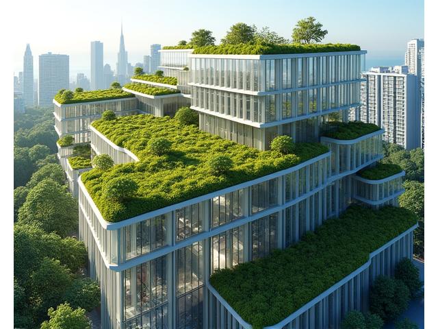Moderner Bürokomplex mit großen Glasflächen und begrüntem Dach