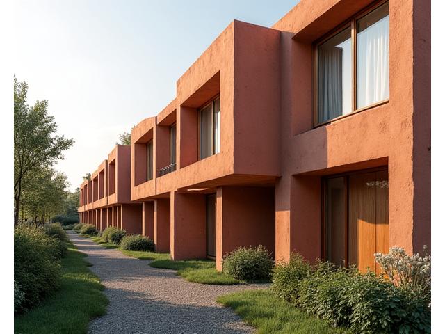 Modernes Wohnhaus mit Lehmfassade und großen Fenstern
